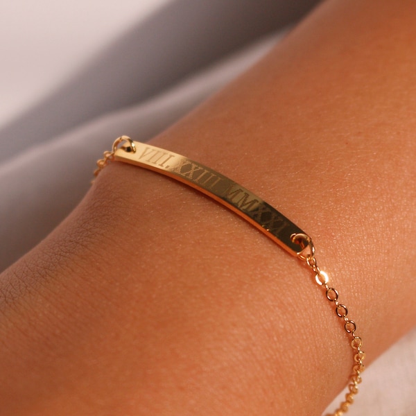 Personalized Roman Numeral Bracelet 16K gold plated Engraved Bracelet for Women Personalized Gift for Her Custom