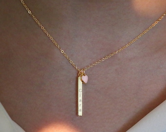 Customized Vertical Name Bar with Pink Heart Necklace 16k Gold Plated gifts for Wedding Birthday Anniversary