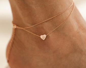 Personalized Heart layered Anklet Custom Dainty Name Delicate Engraved Heart Pendant Initial Jewelry Ankle Bracelet Best gift for her