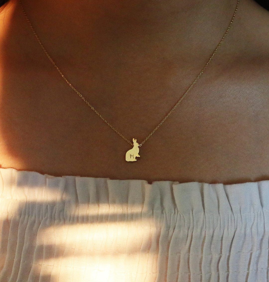 Gold Rabbit Necklace Hand Stamped Initial, 16k Gold Plated Etsy