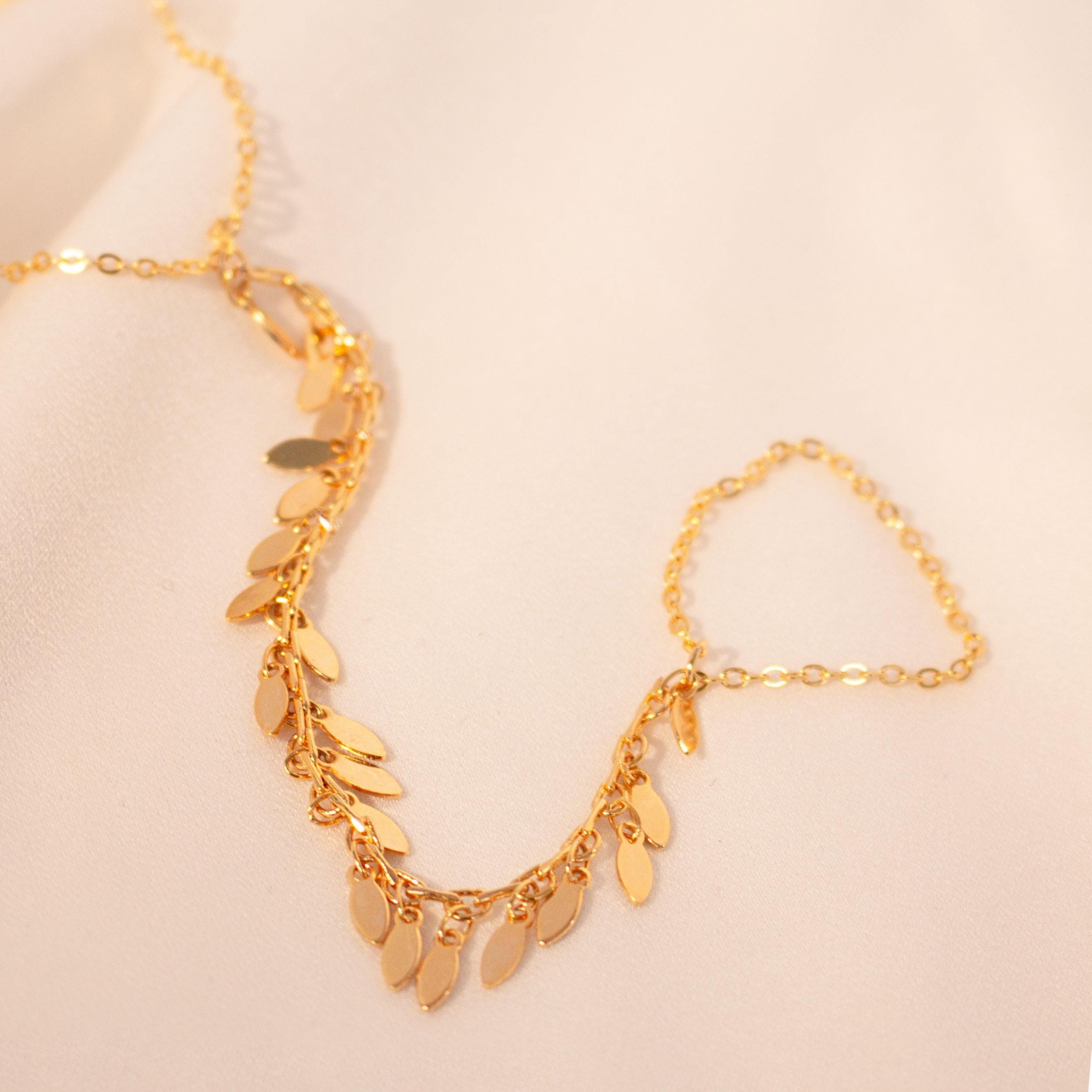 Gold leaves hand chain ring chacha slave ring chain bracelet best gift for her