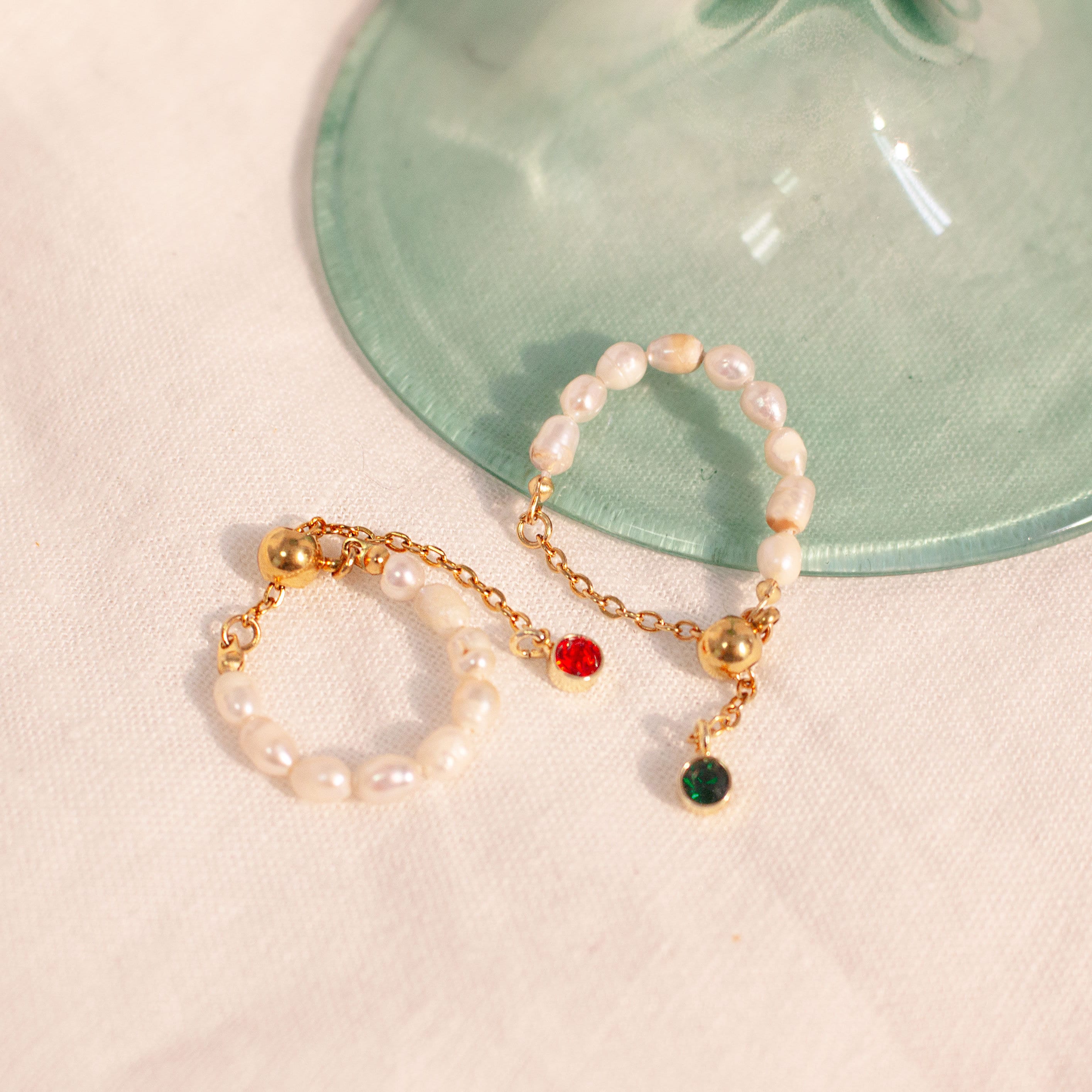 Emerald ring gold Pearl birthstone adjustable rings for her chain ring best gift for her