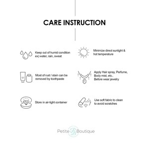 May include: White graphic with the text "CARE INSTRUCTION" and care tips for jewelry. The tips include avoiding humidity, direct sunlight, and using soft fabric for cleaning. The Petite Boutique logo is at the bottom.