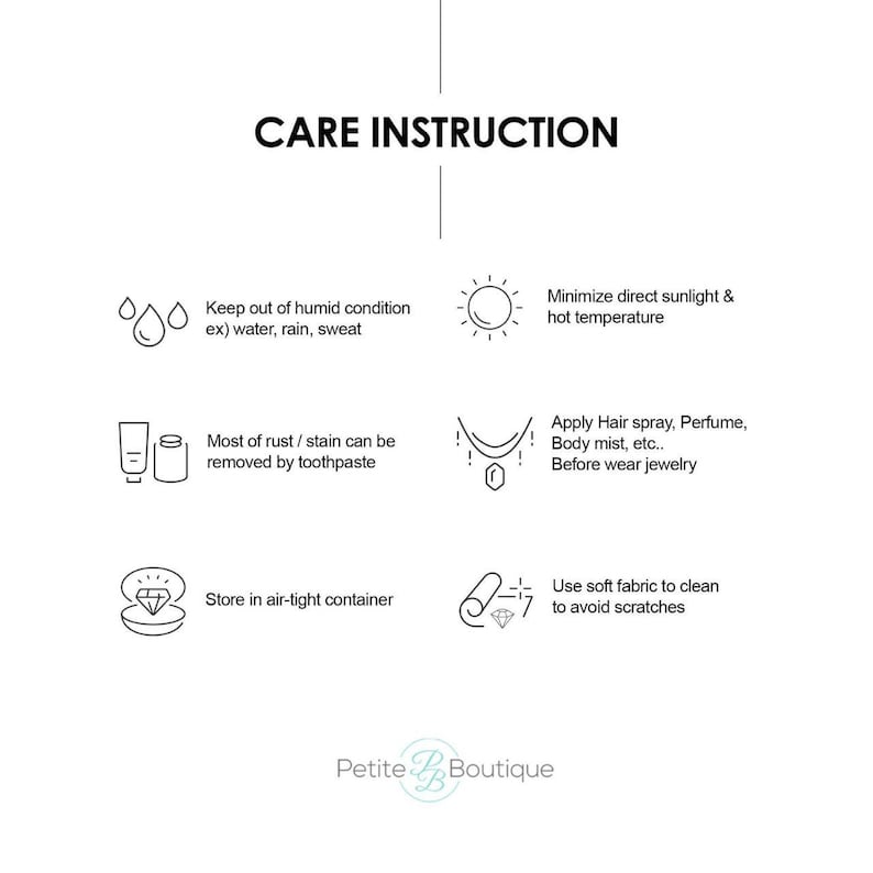 May include: White graphic with the text "CARE INSTRUCTION" and care tips for jewelry. The tips include avoiding humidity, direct sunlight, and using soft fabric for cleaning. The Petite Boutique logo is at the bottom.