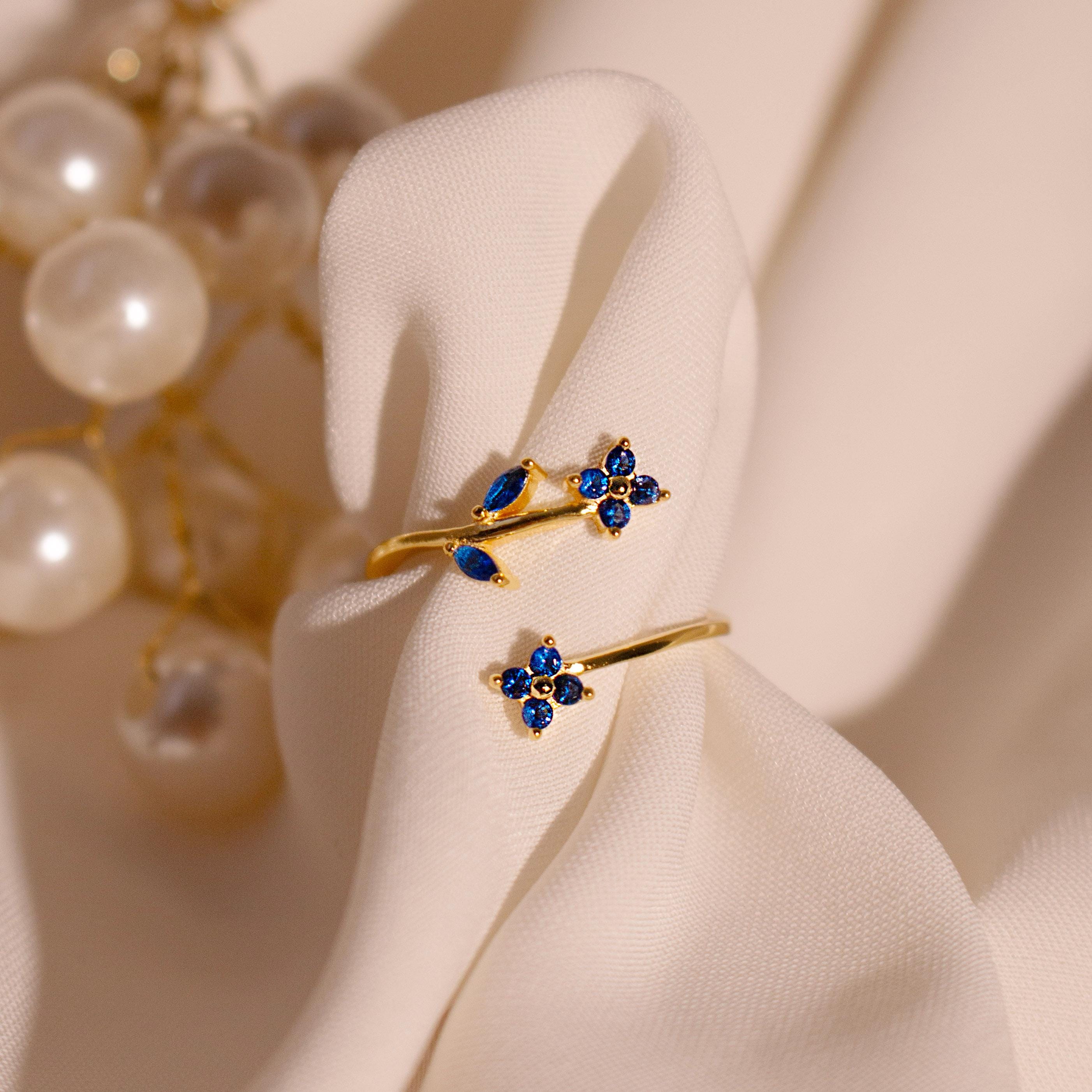 Something Blue Ring Sapphire Flower Rings Adjustable 925 Sterling Silver Gold Plated, Dainty Gift for Her, Free Size Floral Jewelry