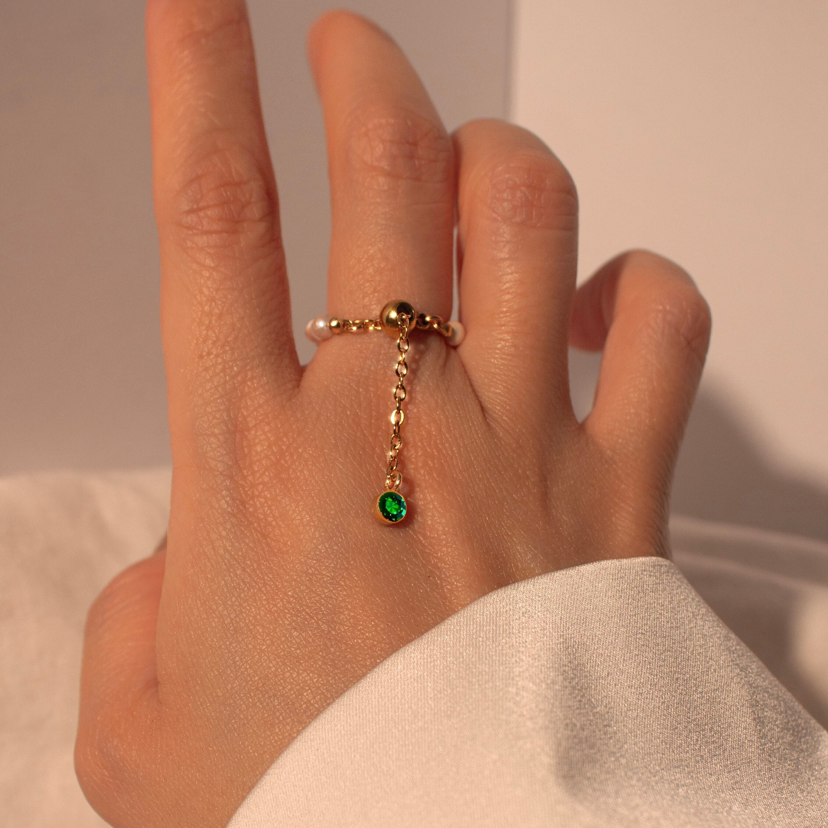 Emerald ring gold Pearl birthstone adjustable rings for her chain ring best gift for her