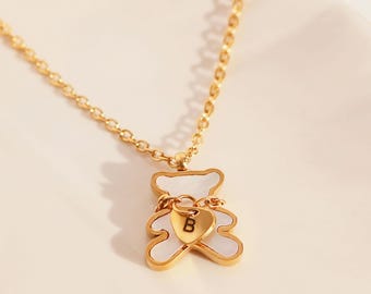 Bear Necklace: Mother of Pearl Heart, Personalized Initial