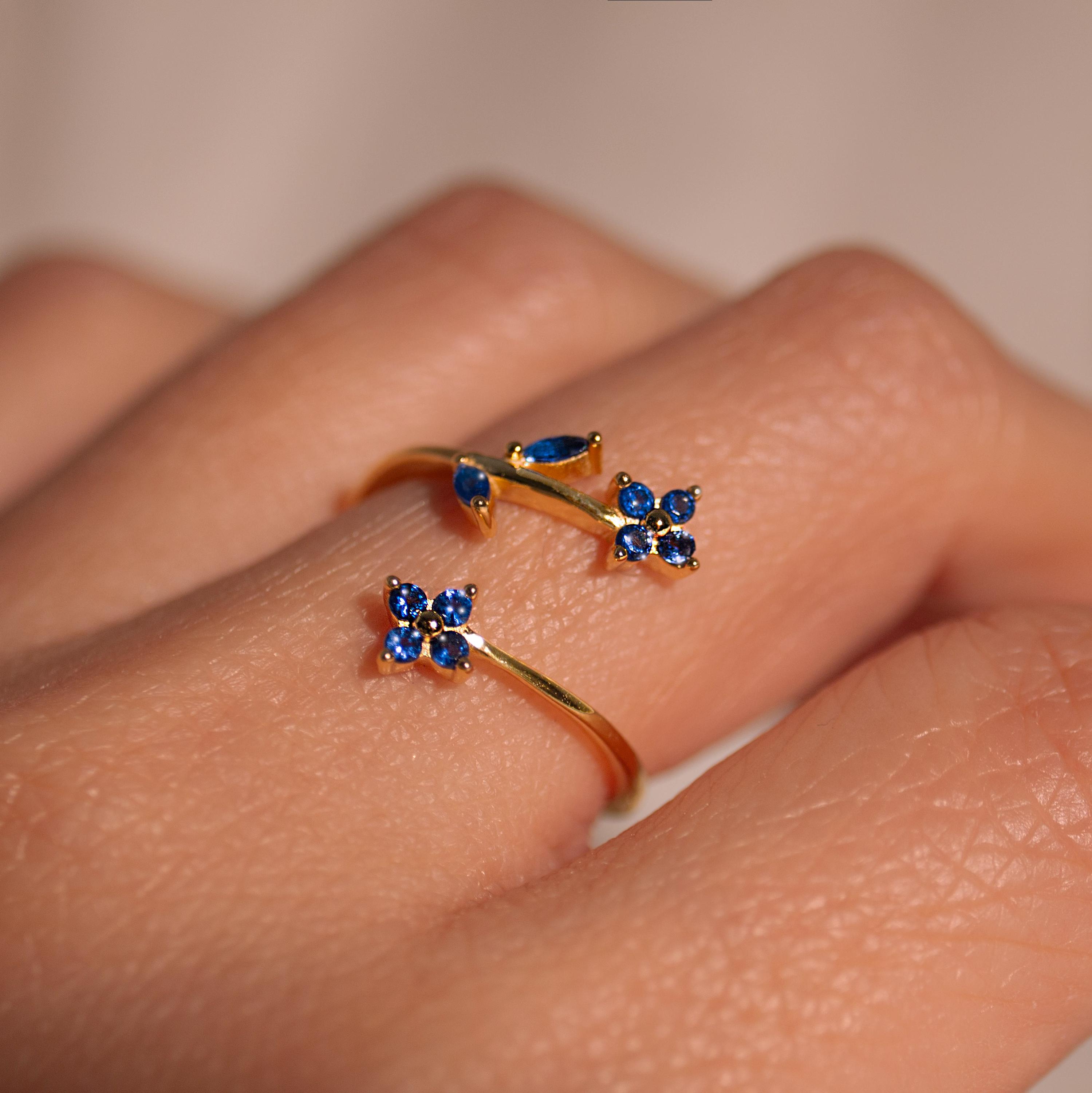 Something Blue Ring Sapphire Flower Rings Adjustable 925 Sterling Silver Gold Plated, Dainty Gift for Her, Free Size Floral Jewelry