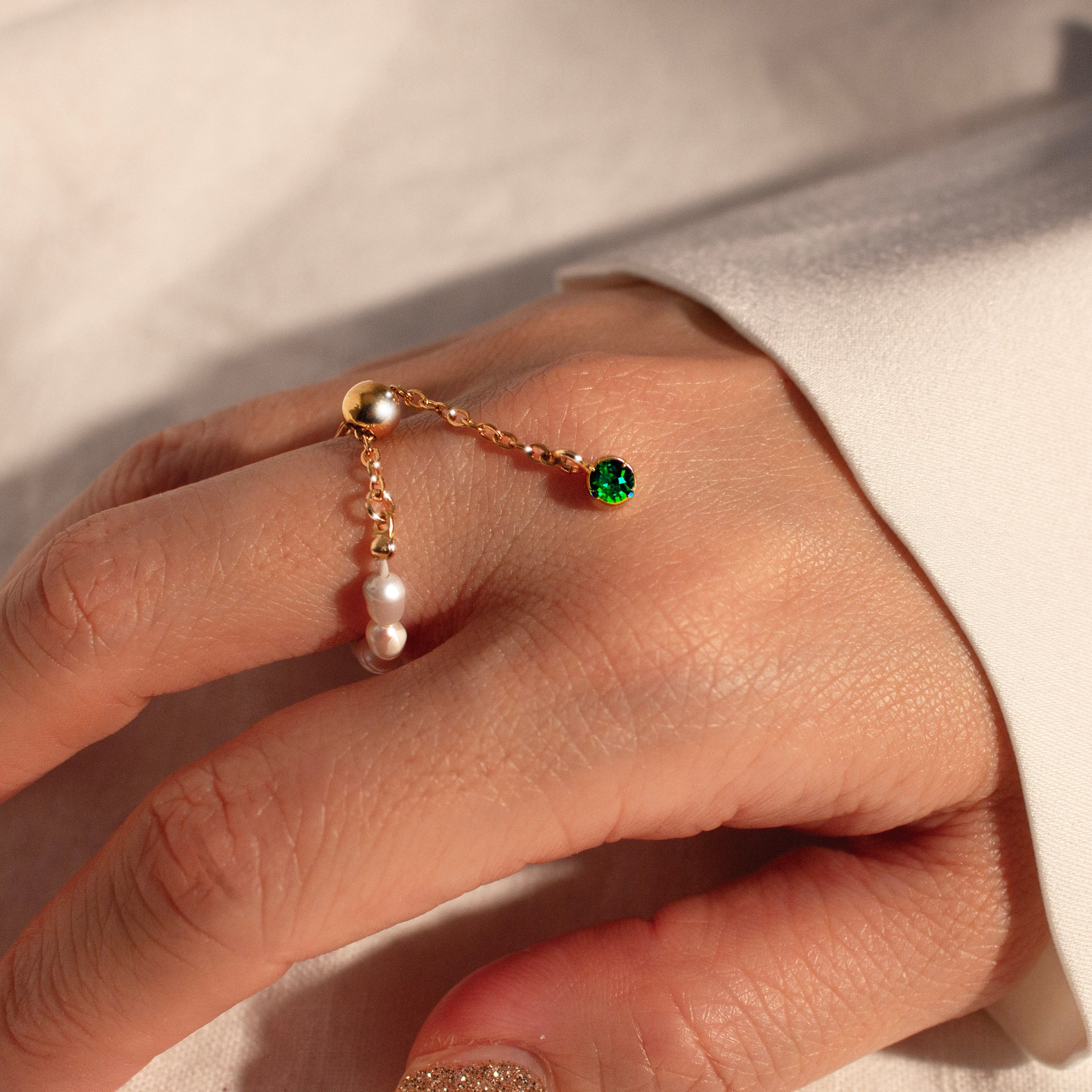 Emerald ring gold Pearl birthstone adjustable rings for her chain ring best gift for her