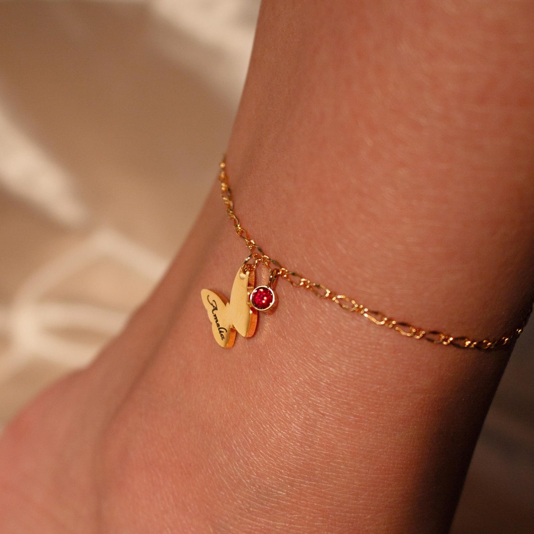 Butterfly Name Anklet: Gold Plated Birthstone Ankle Bracelet