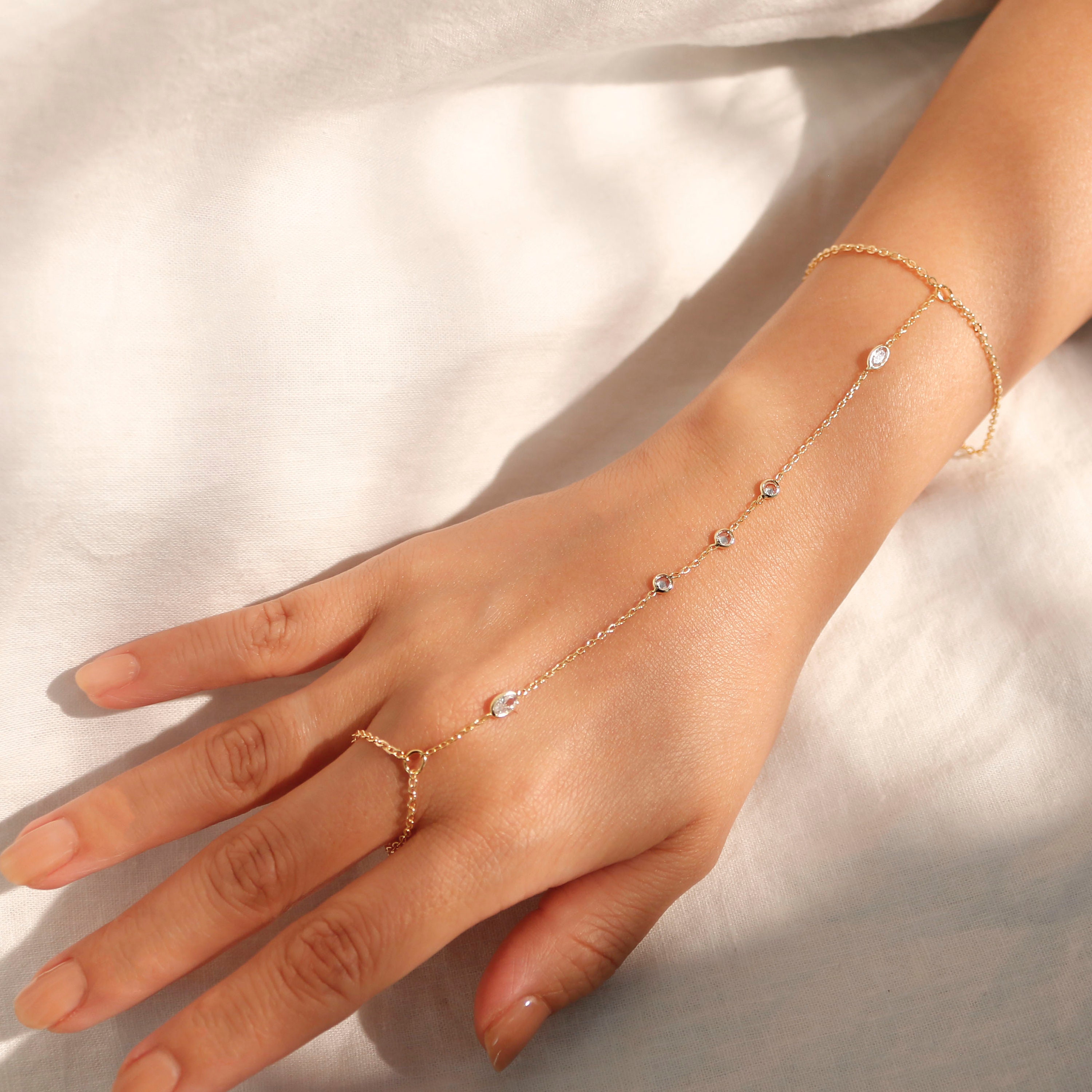 Hand chain 16K Gold Bracelet Dainty plated Hand Chains Bracelets for Her Link Ring Bracelet