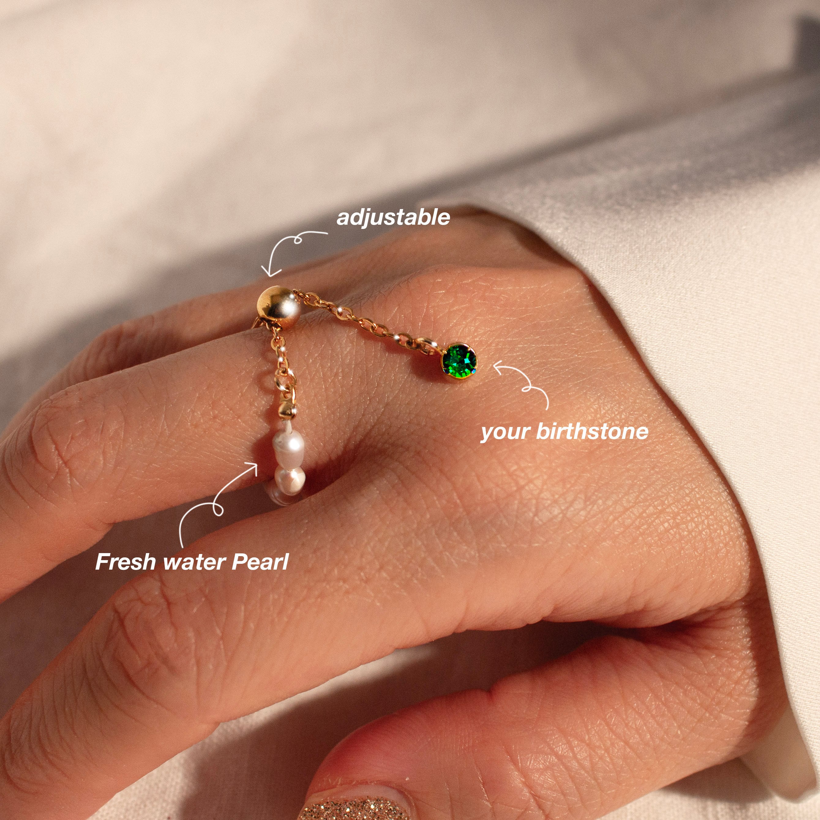 Emerald ring gold Pearl birthstone adjustable rings for her chain ring best gift for her