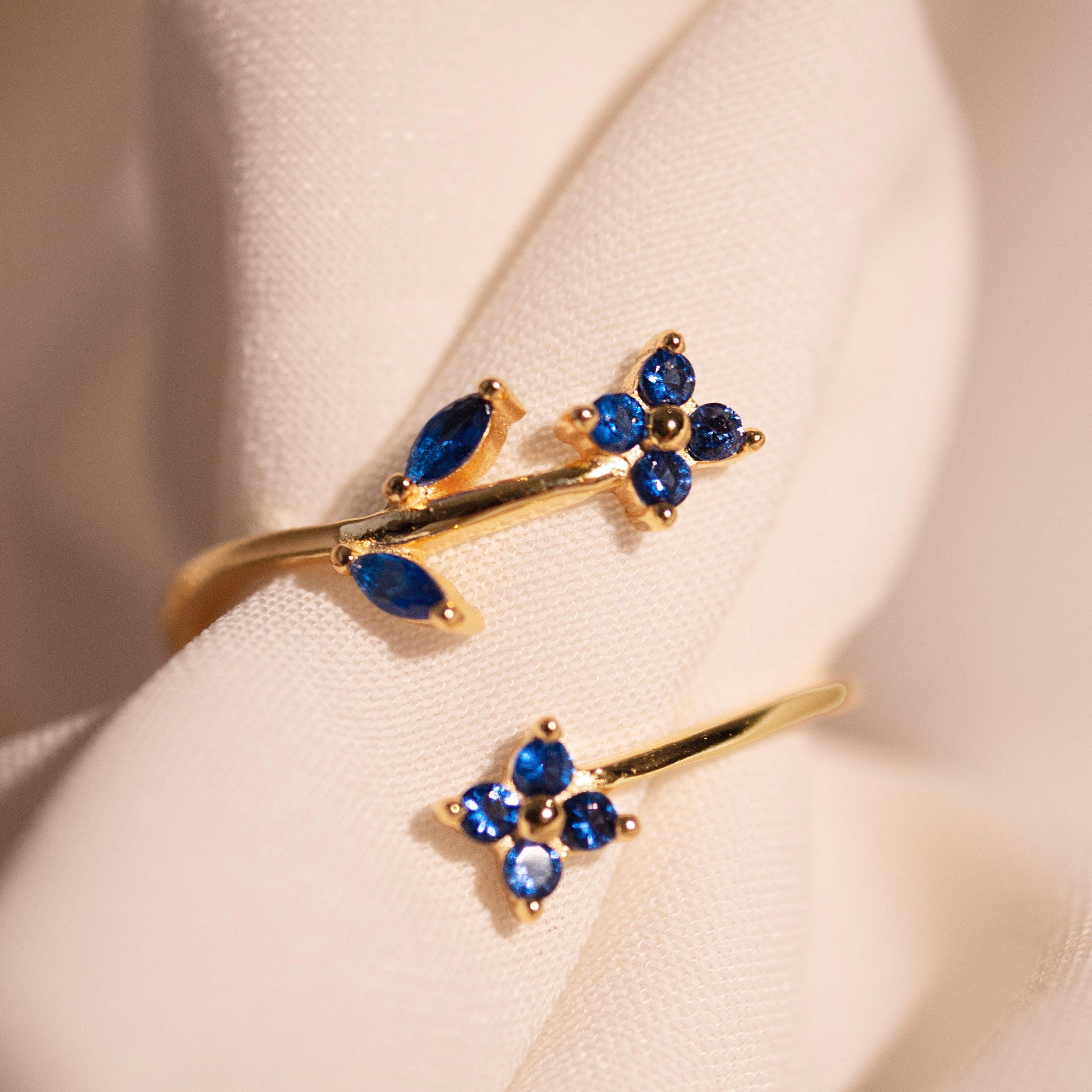 Something Blue Ring Sapphire Flower Rings Adjustable 925 Sterling Silver Gold Plated, Dainty Gift for Her, Free Size Floral Jewelry
