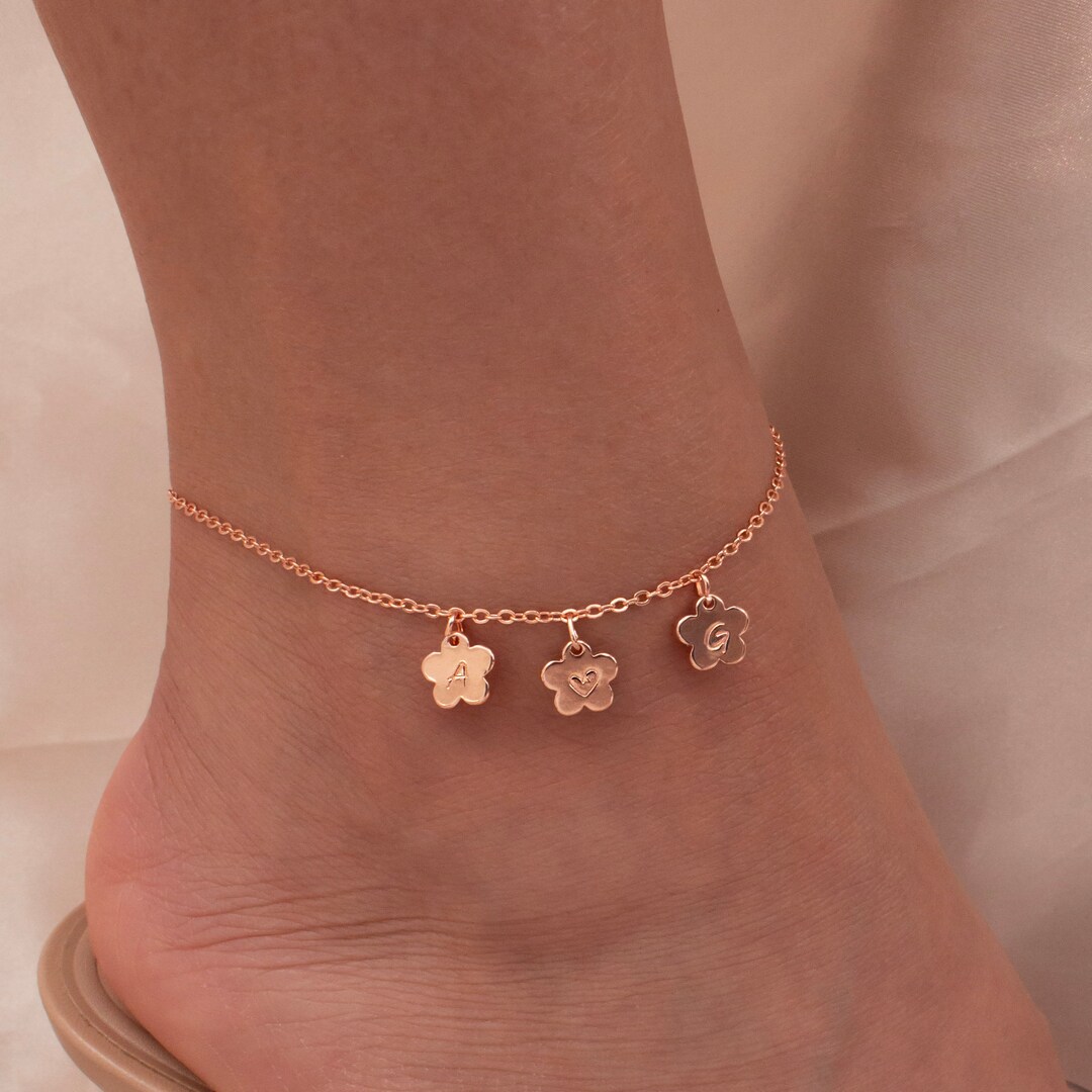 Initial Flower Anklet Cute Dainty Hand Stamped Your Initial Anklets