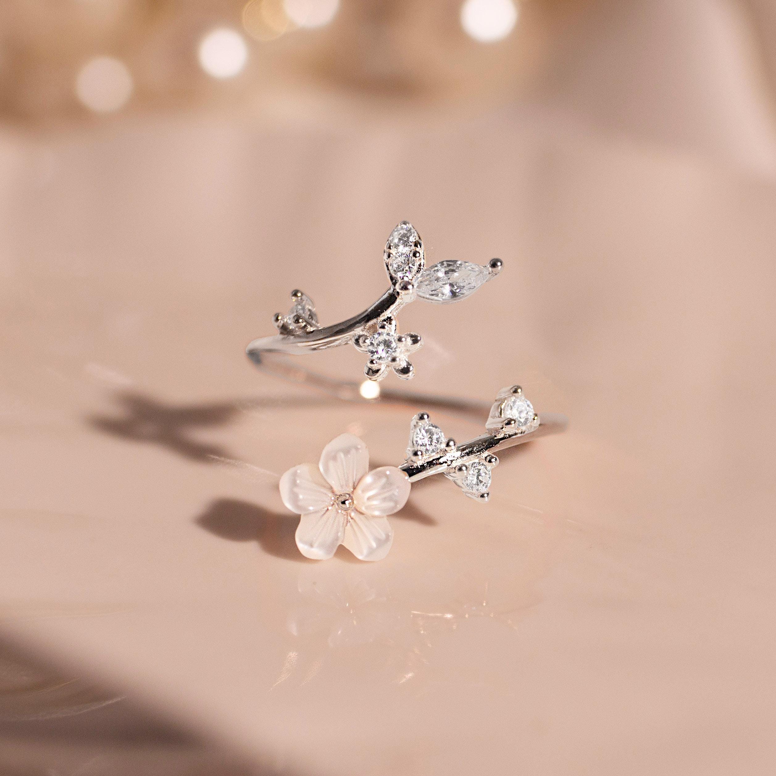 Birth Flower Ring Mother of Pearl Sakura Rings Adjustable Sterling Silver Personalized Birthstone Gift