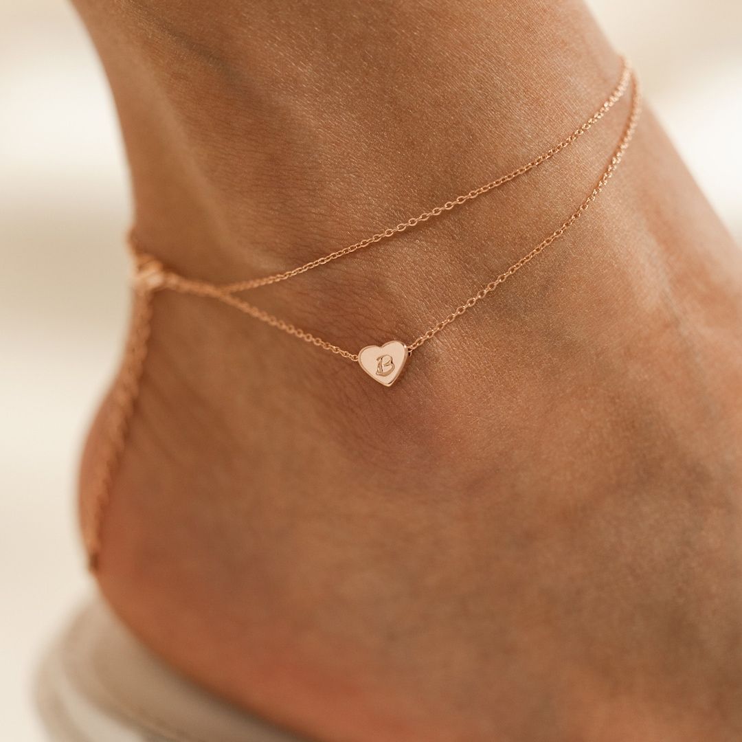 Personalized Heart Layered Anklet Custom Dainty Name Delicate Engraved