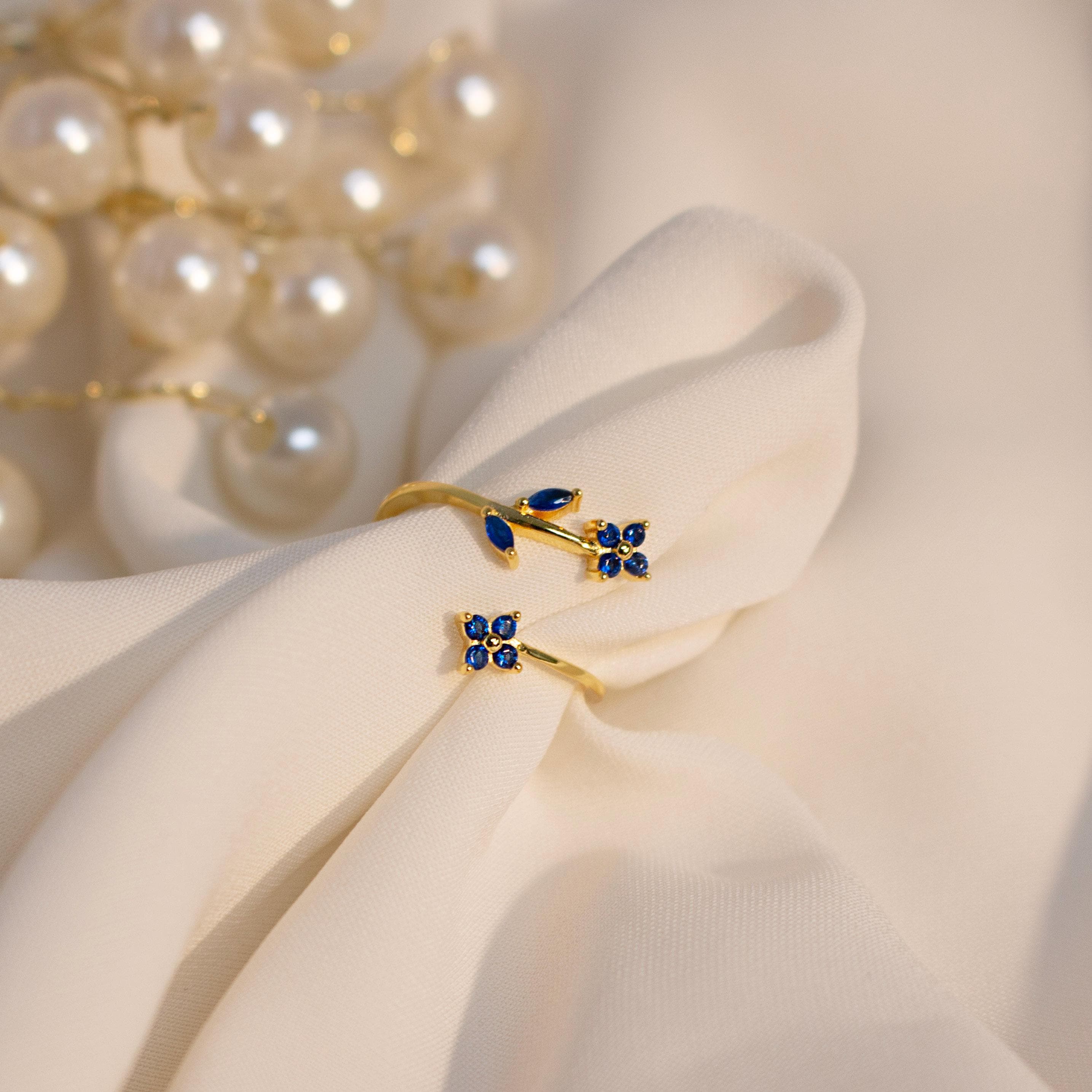 Something Blue Ring Sapphire Flower Rings Adjustable 925 Sterling Silver Gold Plated, Dainty Gift for Her, Free Size Floral Jewelry