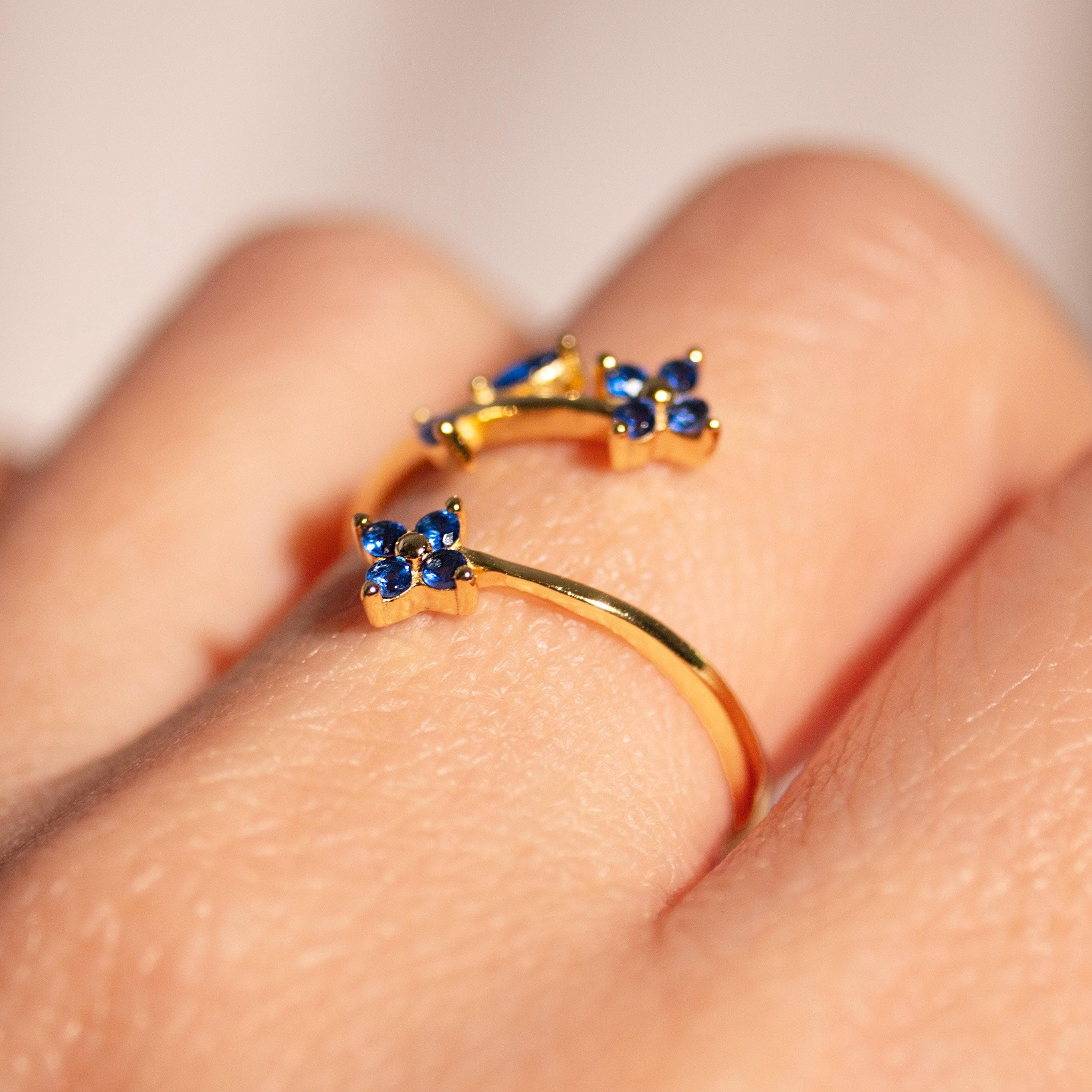Something Blue Ring Sapphire Flower Rings Adjustable 925 Sterling Silver Gold Plated, Dainty Gift for Her, Free Size Floral Jewelry