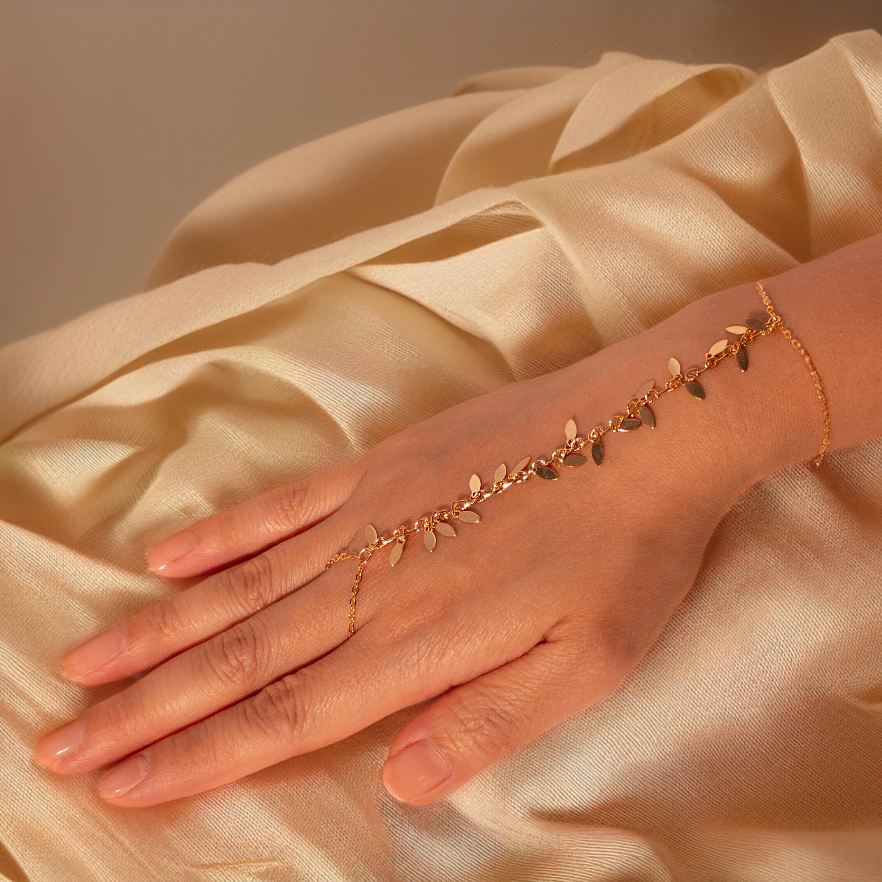 Gold leaves hand chain ring chacha slave ring chain bracelet best gift for her