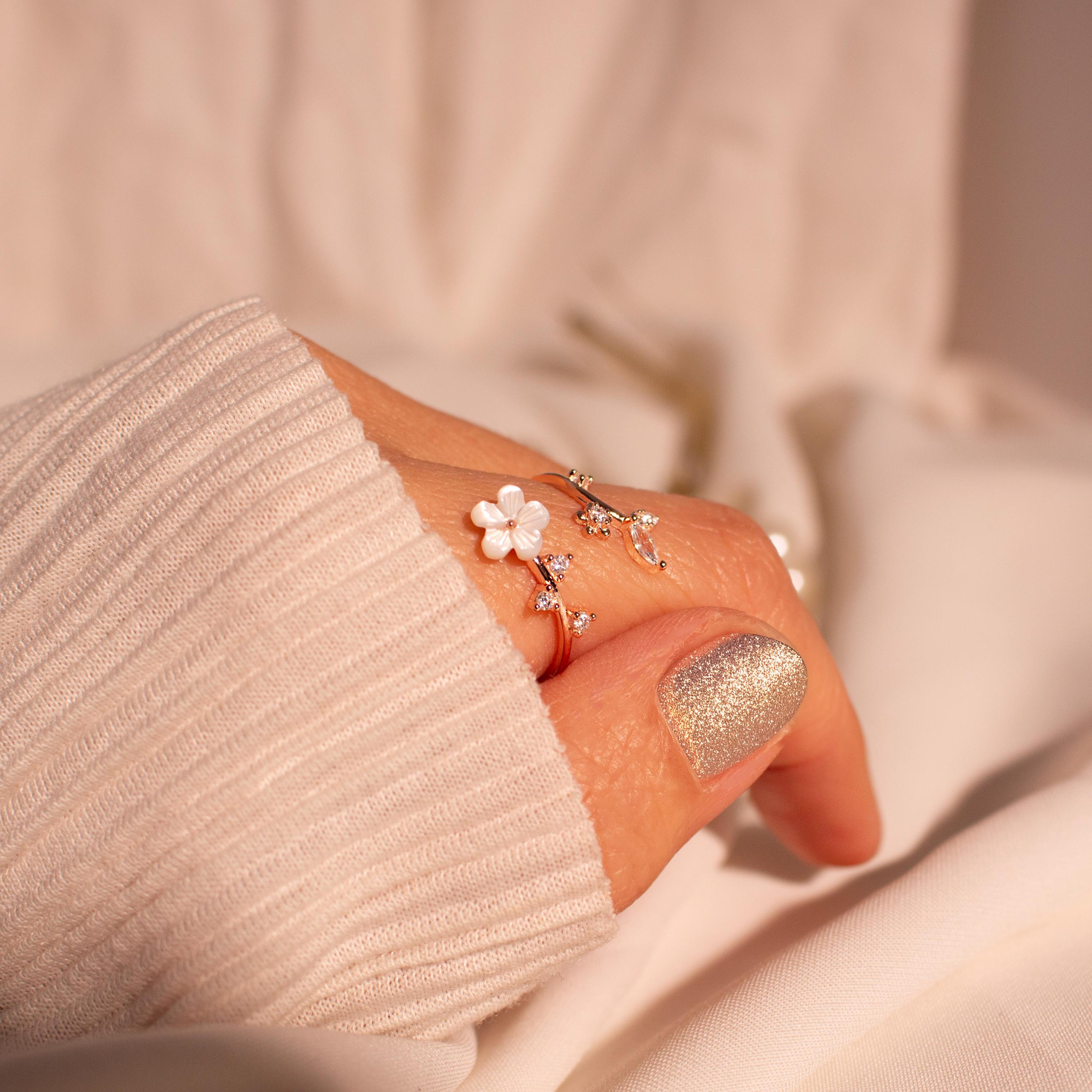 Birth Flower Ring Mother of Pearl Sakura Rings Adjustable Sterling Silver Personalized Birthstone Gift