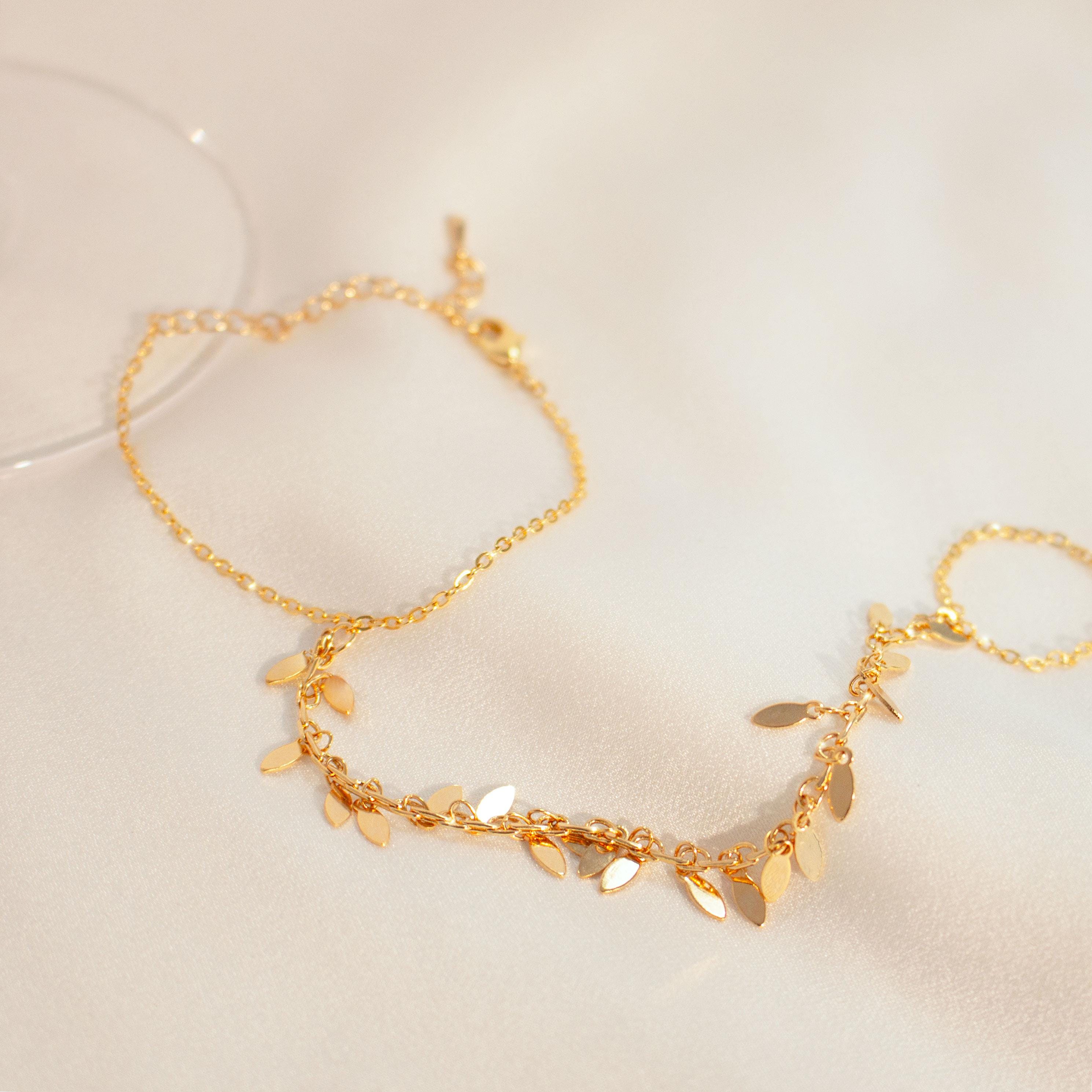 Gold leaves hand chain ring chacha slave ring chain bracelet best gift for her