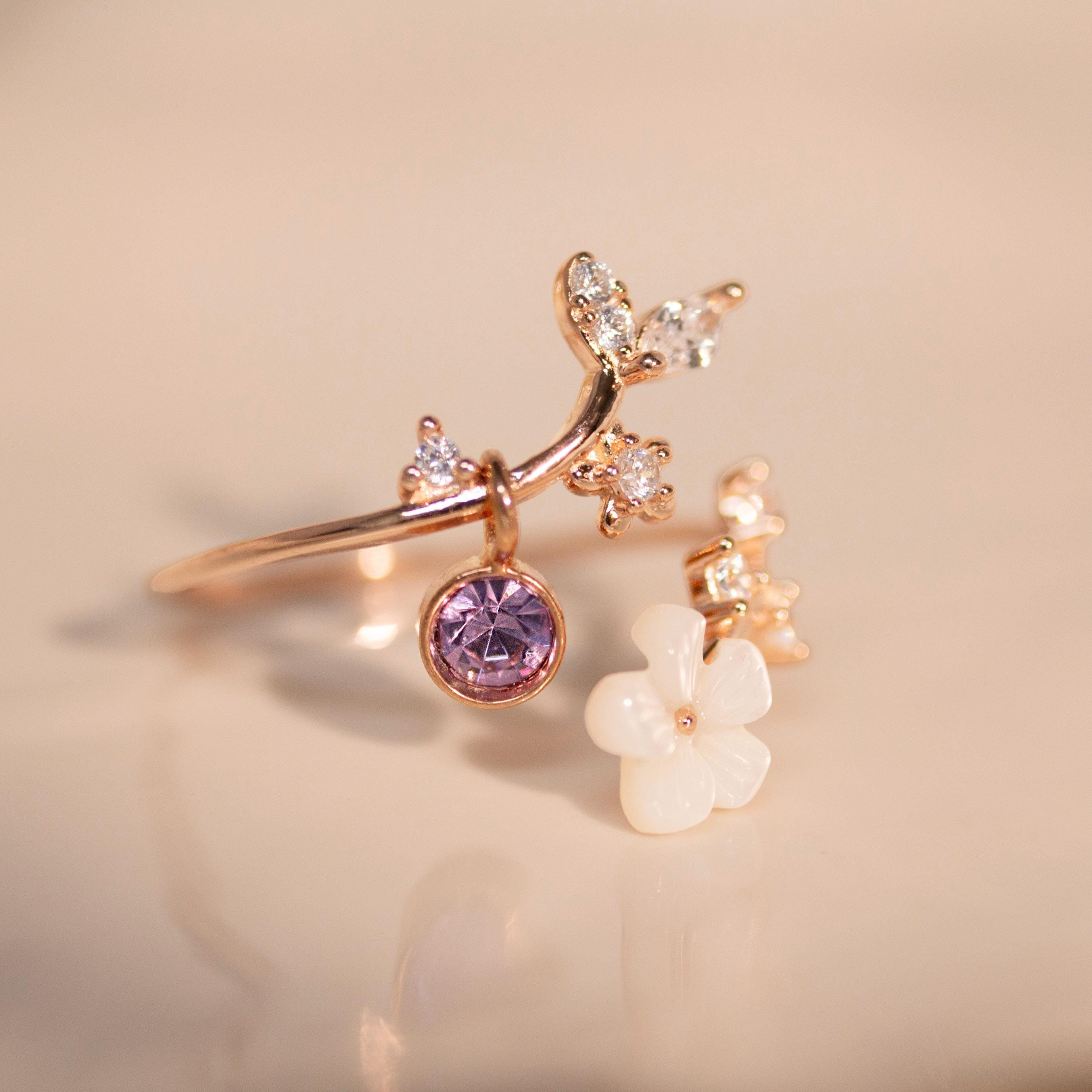 Birth Flower Ring Mother of Pearl Sakura Rings Adjustable Sterling Silver Personalized Birthstone Gift