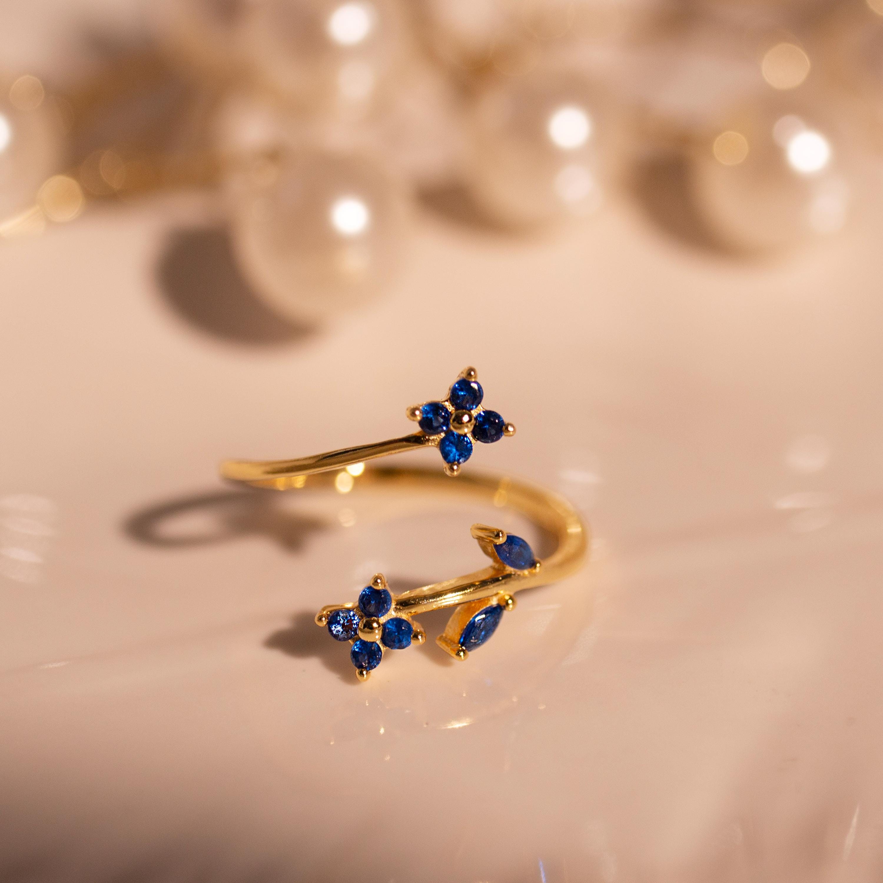 Something Blue Ring Sapphire Flower Rings Adjustable 925 Sterling Silver Gold Plated, Dainty Gift for Her, Free Size Floral Jewelry