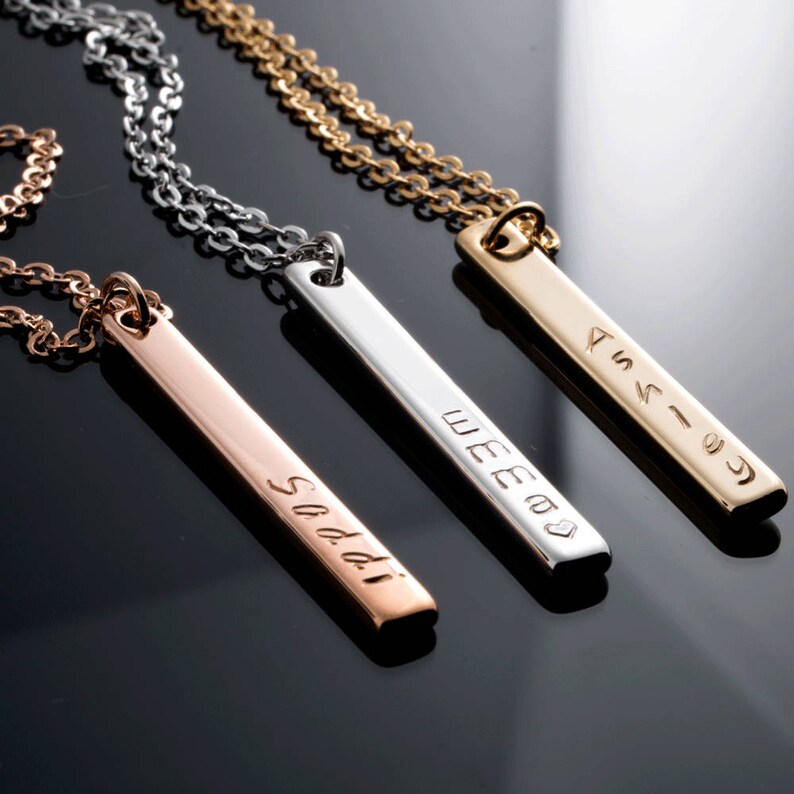 Personalize Vertical Name Bar Necklace Hand Stamped Gold Etsy