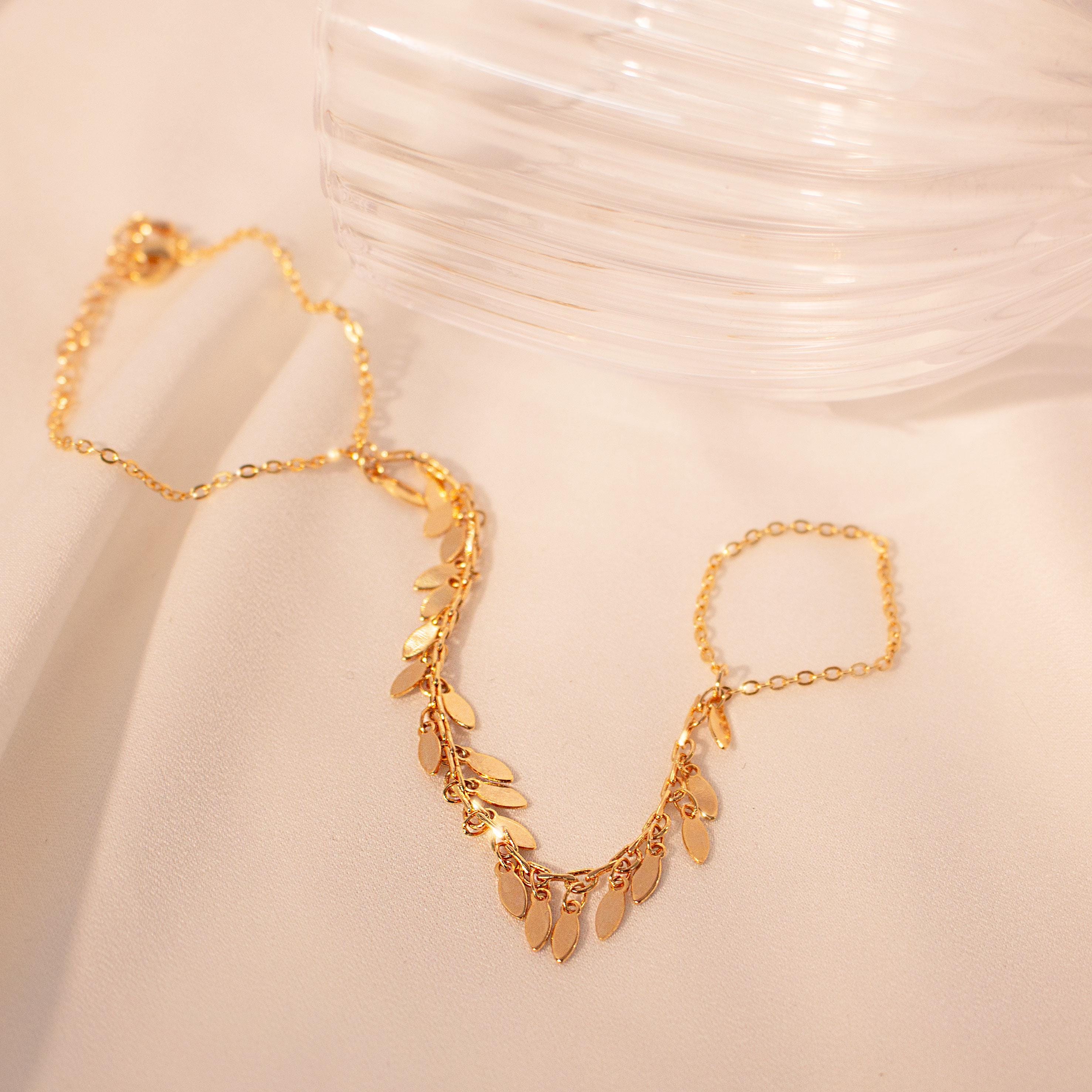 Gold leaves hand chain ring chacha slave ring chain bracelet best gift for her
