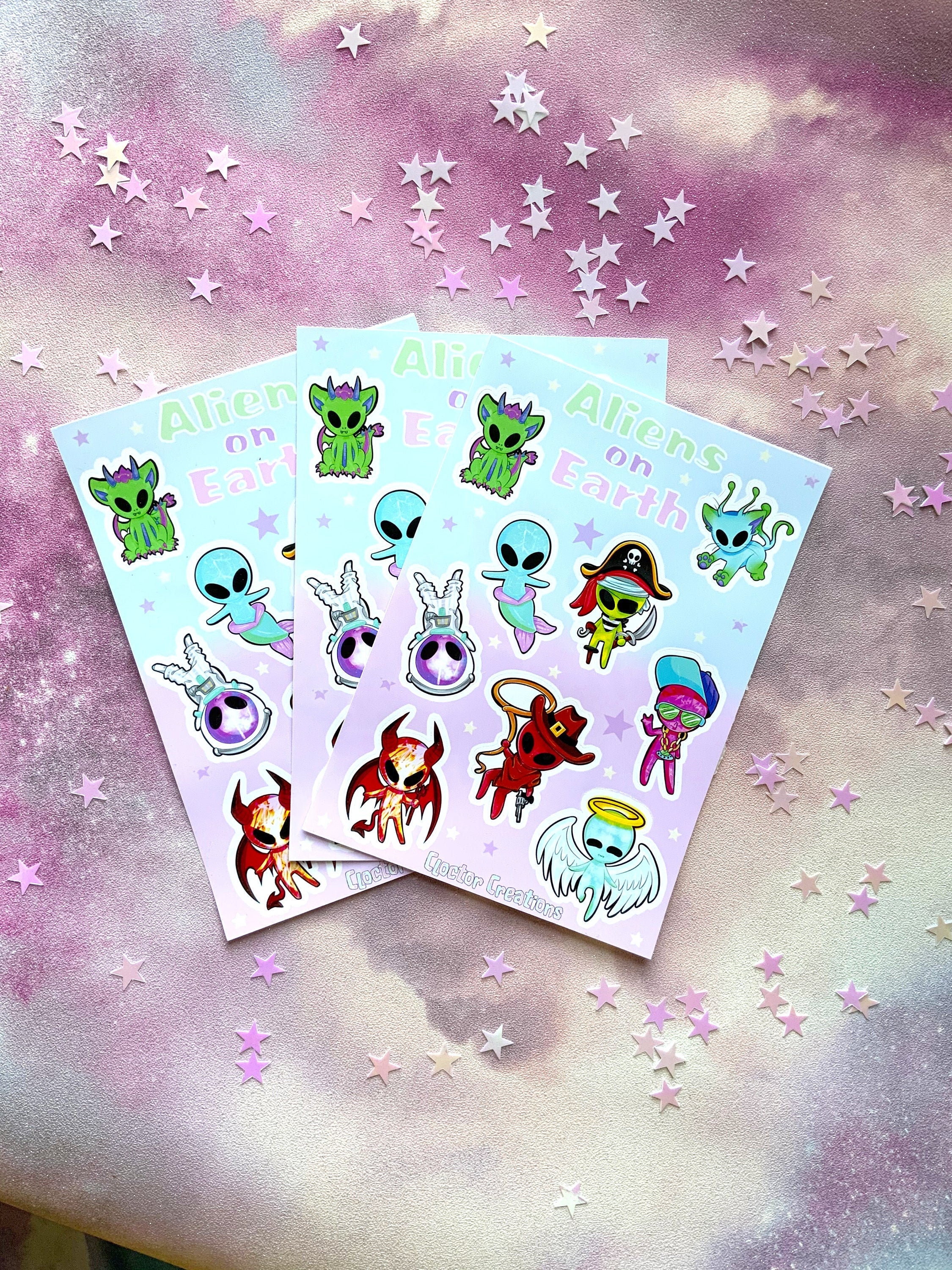 Aliens on Earth, Cute Sticker Sheet, Cute Alien Gifts, Kawaii Alien ...