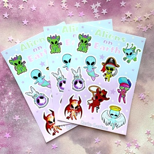 Extraterrestres sur terre, jolie feuille d'autocollants, cadeaux extraterrestres mignons, autocollants extraterrestres kawaii, cadeaux de l'espace, Uchuu kei, cadeaux feuille d'autocollants, extraterrestres cosplay