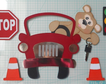 Driving Bear Scrapbook Die Cuts: Premade Paper Piecing Photo Embellishment