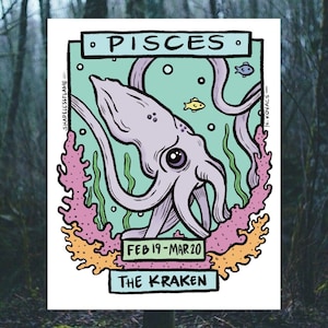 Pisces The Kraken Cryptid Zodiac Art Print - 8x10