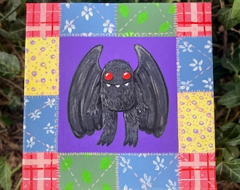 Patchwork Mothman Acrylic Painting - ready to hang - imperfect canvas