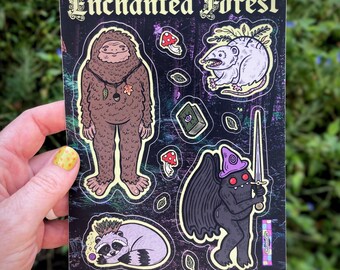 Enchanted Forest Vinyl Sticker Sheet - Magic Mothman, Bigfoot, Raccoon, Possum