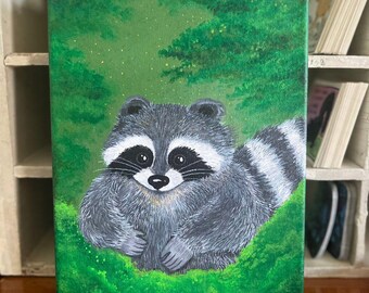 Green Raccoon Friend Original Painting - OOAK - Ready to hang