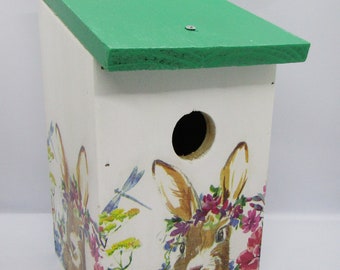 Decorative Wooden Birdhouse Rabbit Flower Design Handcrafted Small Birds