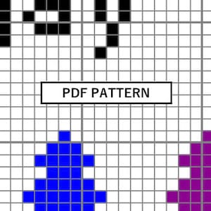May include: A pixelated cross-stitch pattern with the text "PDF PATTERN" in a white box. The pattern includes blue and purple shapes, and black pixelated text at the top. The background is a grid.