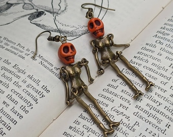 Dancing Skeleton Earrings | Pumpkin Fun Skull Earrings | Spooky Halloween Party Jewelry | Zombie Cosplay Jewelry | Horror Costume Earrings