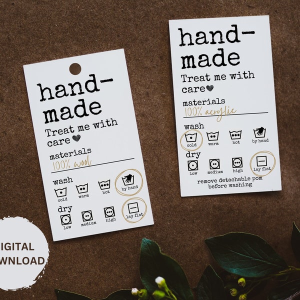 DIGITAL DOWNLOAD Printable Care Cards for Handmade Items Typewriter Font / Self Print Wash Instruction Care Tag for Handmade Goods