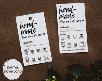 DIGITAL DOWNLOAD Printable Care Cards for Handmade Items Script Font / Self Print Wash Instruction Care Tag for Handmade Goods