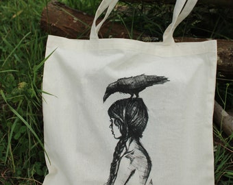 Tote bag - The Girl and the Raven - Cotton tote bag - Art