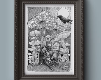 Knight resting surrounded by magic mushrooms Art Print - Dark art - fantasy art - Dark souls art - Elden Ring art - occult art