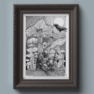 Cavaliere che riposa circondato da funghi magici Stampa artistica - Arte oscura - Arte fantasy - Arte delle anime oscure - Arte dell'anello di Elden - Arte occulta