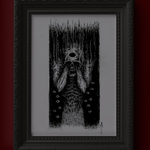 May include: Black framed art print featuring a detailed, monochromatic illustration of a skeletal figure covering its face. The artwork includes multiple eye symbols and a dark, textured background, creating a gothic aesthetic.