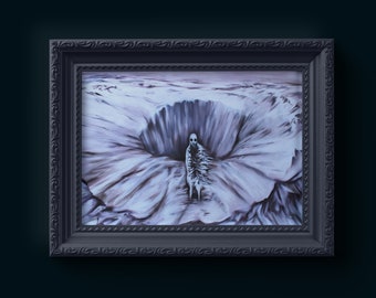 May include: A framed artwork depicting a skeletal figure standing in a large, crater-like formation. The artwork is primarily in shades of gray and white, with a dark gray frame. The scene evokes a sense of desolation and mystery.