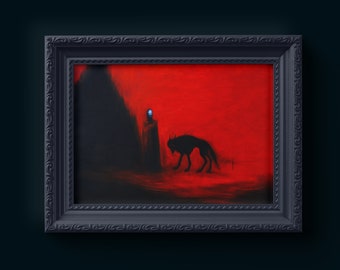 May include: A framed artwork with a dark, silhouetted figure and a wolf-like creature set against a vivid red background. The piece is presented in a black, ornate frame. The artwork evokes a sense of mystery and gothic themes.