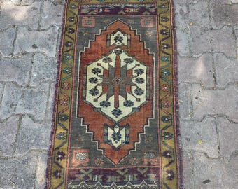 Alfombra pequeña turca vintage, alfombra oriental pequeña, alfombra bohemia, alfombra hecha a mano, decoración tribal, alfombra de entrada anatolia de 3,2 x 1,7 pies
