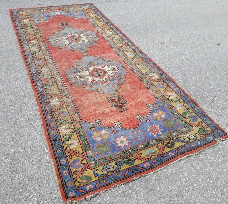 Runner Rug, Muted Colors Designer Rug Runner, Blue Runner, Turkish Wide Runner, Tropical Oushak Large Runner, 11.8 x 4.9 ft Free Shipping image 3