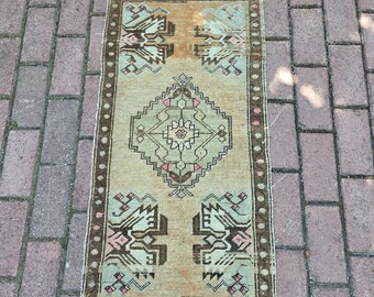 Alfombra turca vintage Oushak, pequeña alfombra anatolia hecha a mano, alfombra decorativa bohemia beige de 3,2 x 1,5 pies, decoración para la entrada.